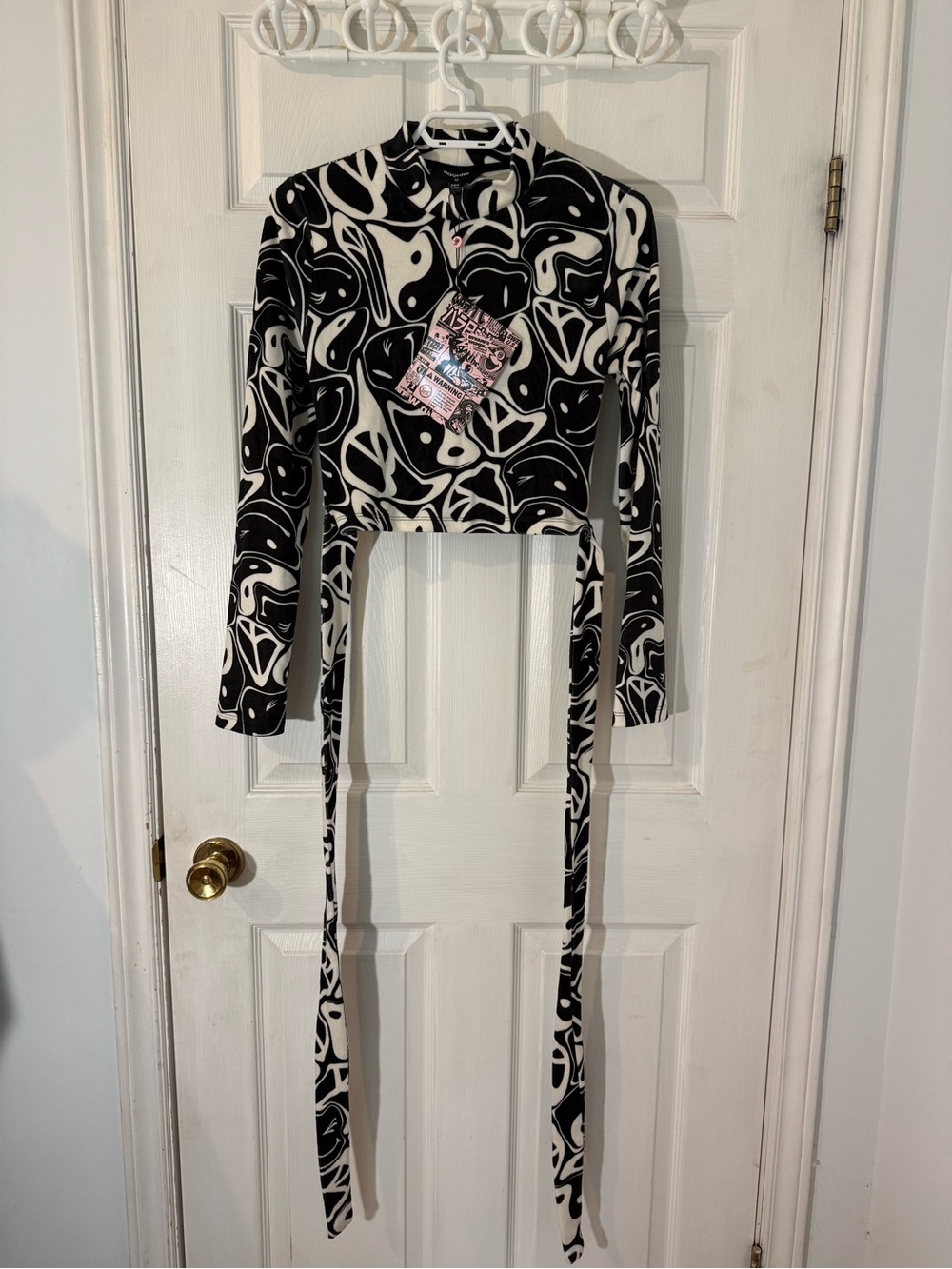 NG Order (Dolls Kill) Black & White Abstract Wrap Crop Top